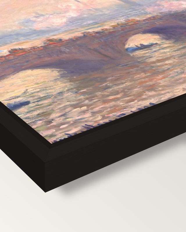Waterloo Bridge, Gray Day by Monet framed canvas, corner close-up: a black floating frame with a shadow gap round the canvas