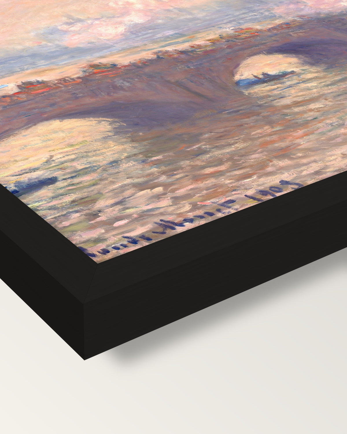 Waterloo Bridge, Gray Day by Monet framed print, corner close-up: black moulding, mitred, the print set just below its edge