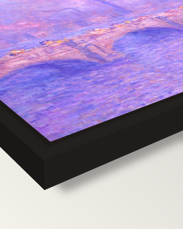 Waterloo Bridge, Sunlight by Monet framed canvas, corner close-up: a black floating frame with a shadow gap round the canvas