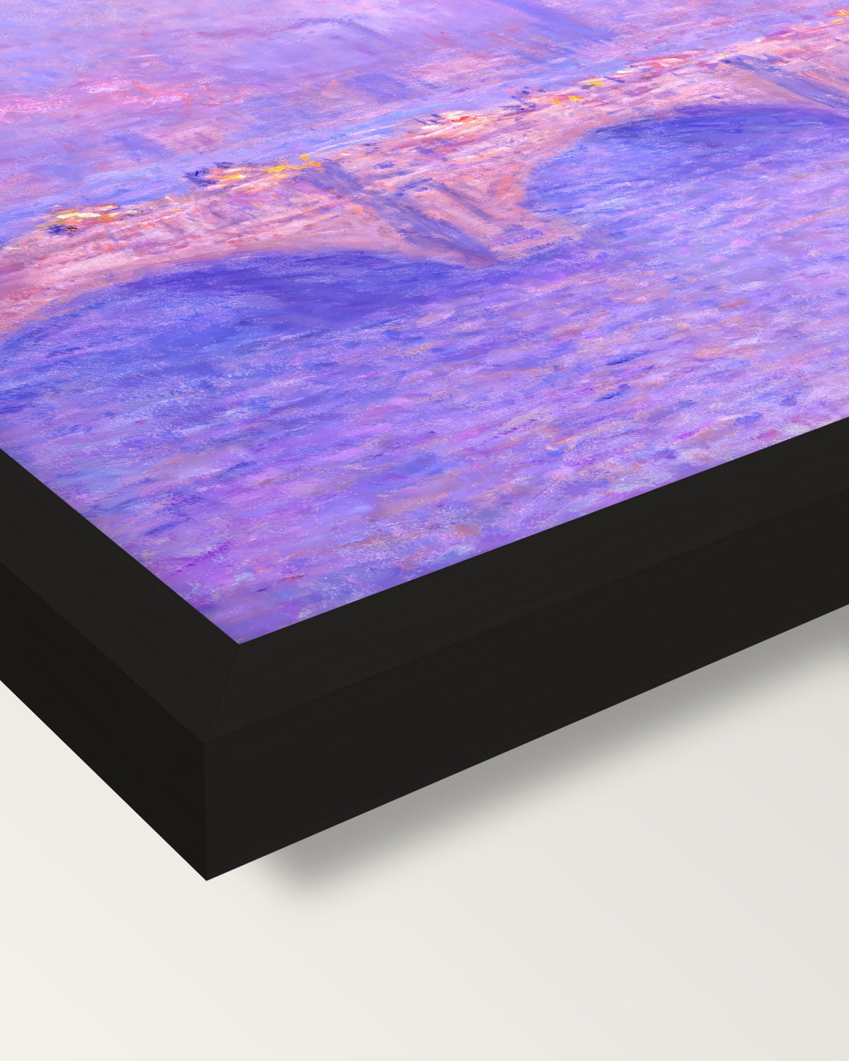 Waterloo Bridge, Sunlight by Monet framed print, corner close-up: black moulding, mitred, the print set just below its edge