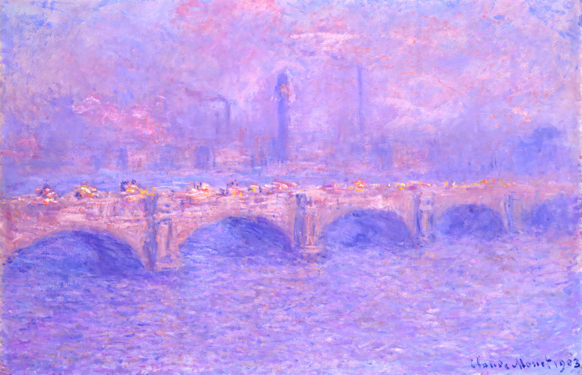 Waterloo Bridge, Sunlight Effect by Claude Monet: a long stone bridge with arches over the Thames in lilac and blue fog