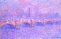 Waterloo Bridge, Sunlight Effect by Claude Monet: a long stone bridge with arches over the Thames in lilac and blue fog