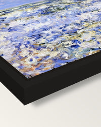 Waves Breaking by Claude Monet framed canvas, corner close-up: a black floating frame with a shadow gap round the canvas