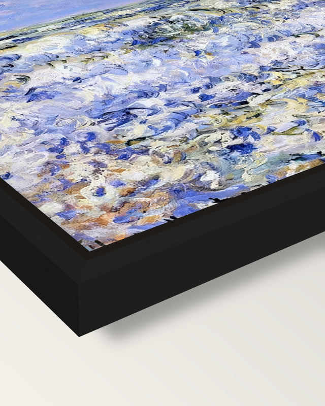 Waves Breaking by Claude Monet framed canvas, corner close-up: a black floating frame with a shadow gap round the canvas