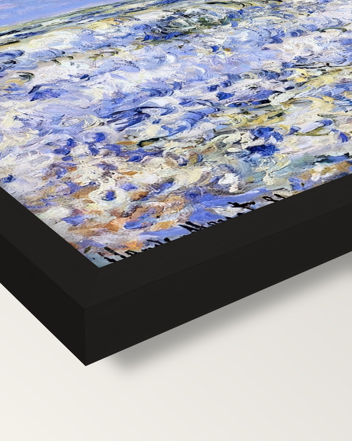 Waves Breaking by Claude Monet framed print, corner close-up: black moulding, mitred, the print set just below its edge
