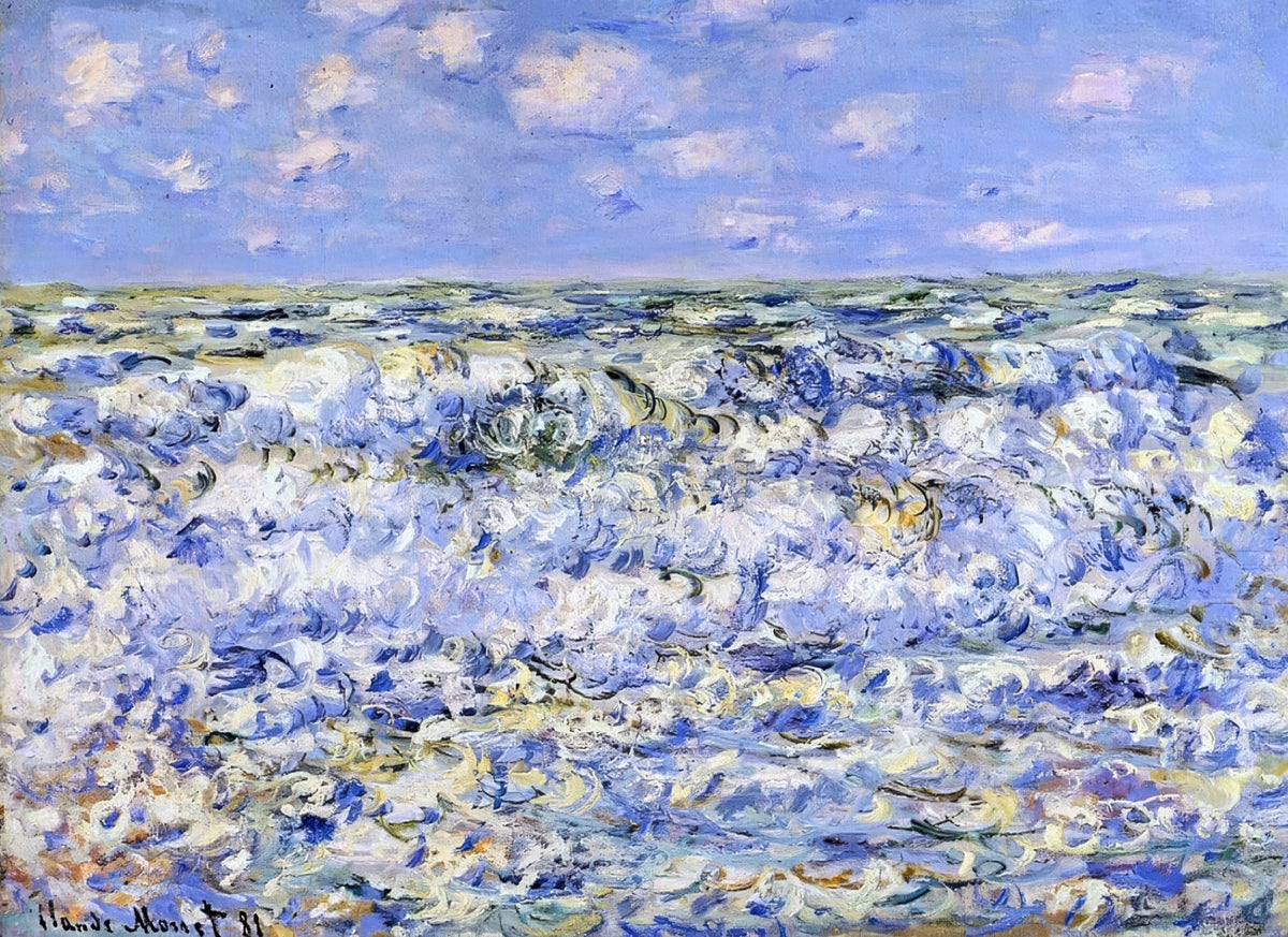 Waves Breaking by Claude Monet: rows of rough blue and white waves rolling in under a bright sky with small clouds