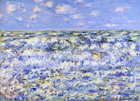 Waves Breaking by Claude Monet: rows of rough blue and white waves rolling in under a bright sky with small clouds