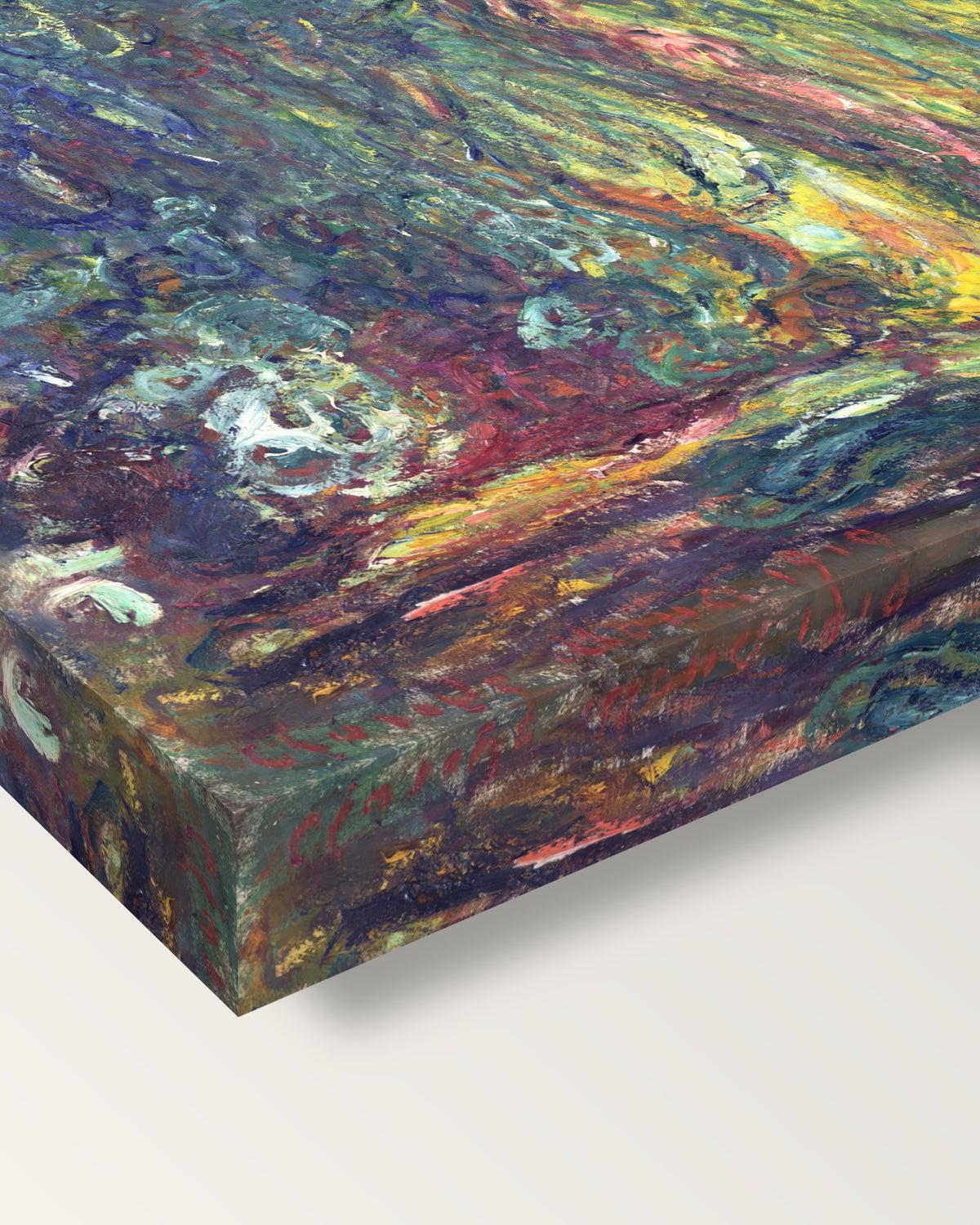 Weeping Willow by Claude Monet on stretched canvas, corner close-up: the painting mirror-wrapped round the sides