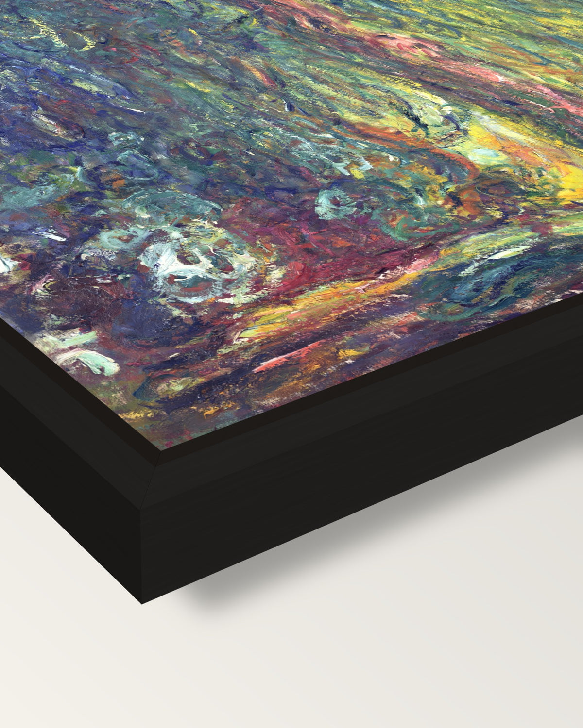 Weeping Willow by Claude Monet framed canvas, corner close-up: a black floating frame with a shadow gap round the canvas