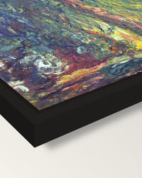 Weeping Willow by Claude Monet framed canvas, corner close-up: a black floating frame with a shadow gap round the canvas