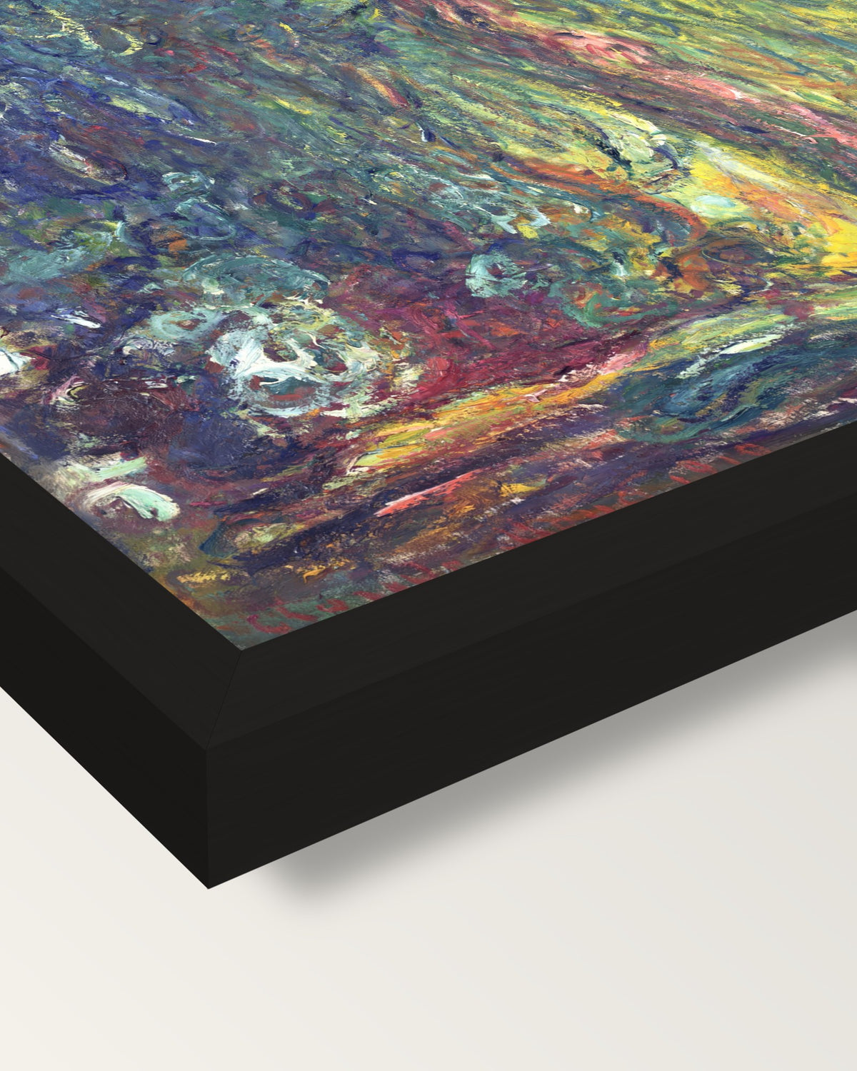 Weeping Willow by Claude Monet framed print, corner close-up: black moulding, mitred, the print set just below its edge