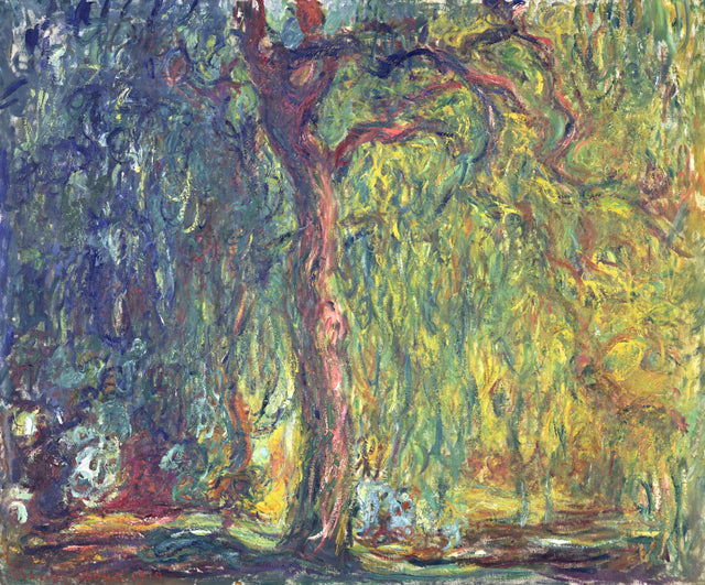 Weeping Willow by Claude Monet: a dark willow trunk with long green and gold branches falling over a garden path