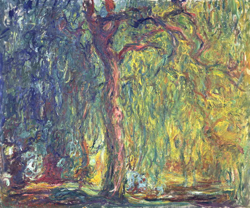 Weeping Willow by Claude Monet: a dark willow trunk with long green and gold branches falling over a garden path