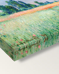 Wheatfield by Claude Monet on stretched canvas, corner close-up: the painting mirror-wrapped round the sides