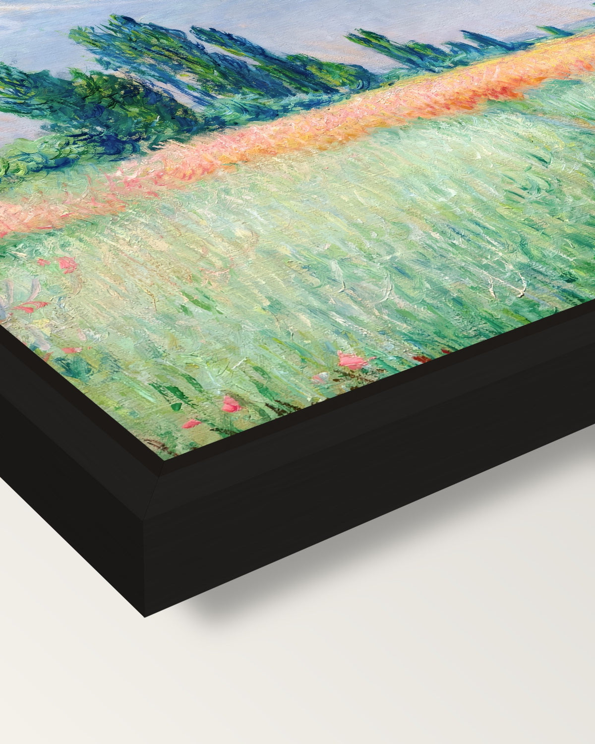 Wheatfield by Claude Monet framed canvas, corner close-up: a black floating frame with a shadow gap round the canvas
