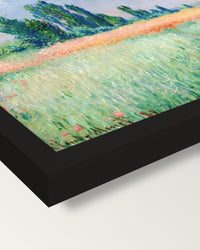 Wheatfield by Claude Monet framed print, corner close-up: black moulding, mitred, the print set just below its edge
