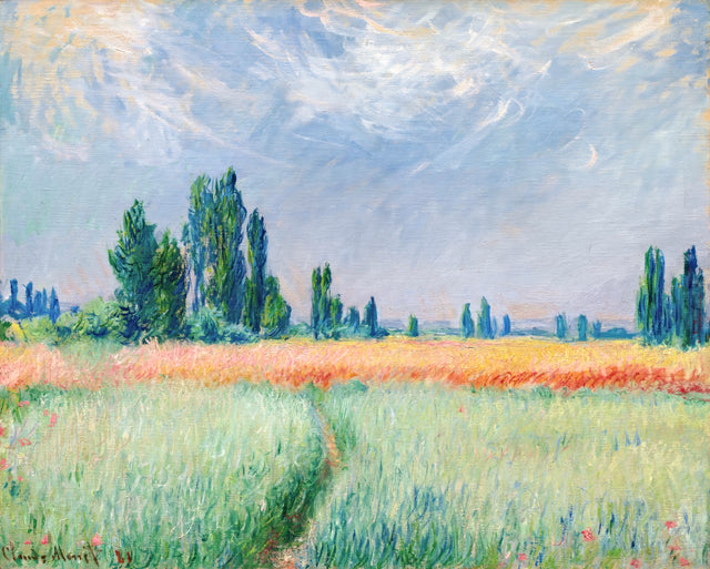Wheatfield by Claude Monet: a green and gold wheat field with a path, groups of tall poplars and wispy clouds