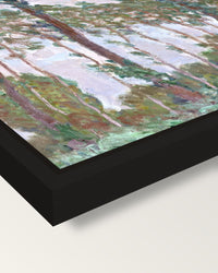 Wind Effect, Poplars by Monet framed canvas, corner close-up: a black floating frame with a shadow gap round the canvas