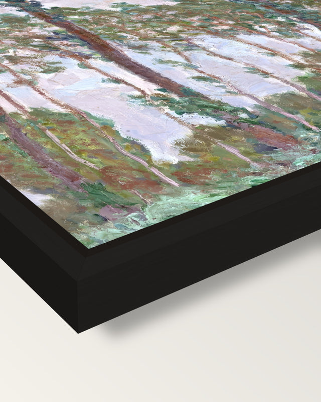 Wind Effect, Poplars by Monet framed canvas, corner close-up: a black floating frame with a shadow gap round the canvas
