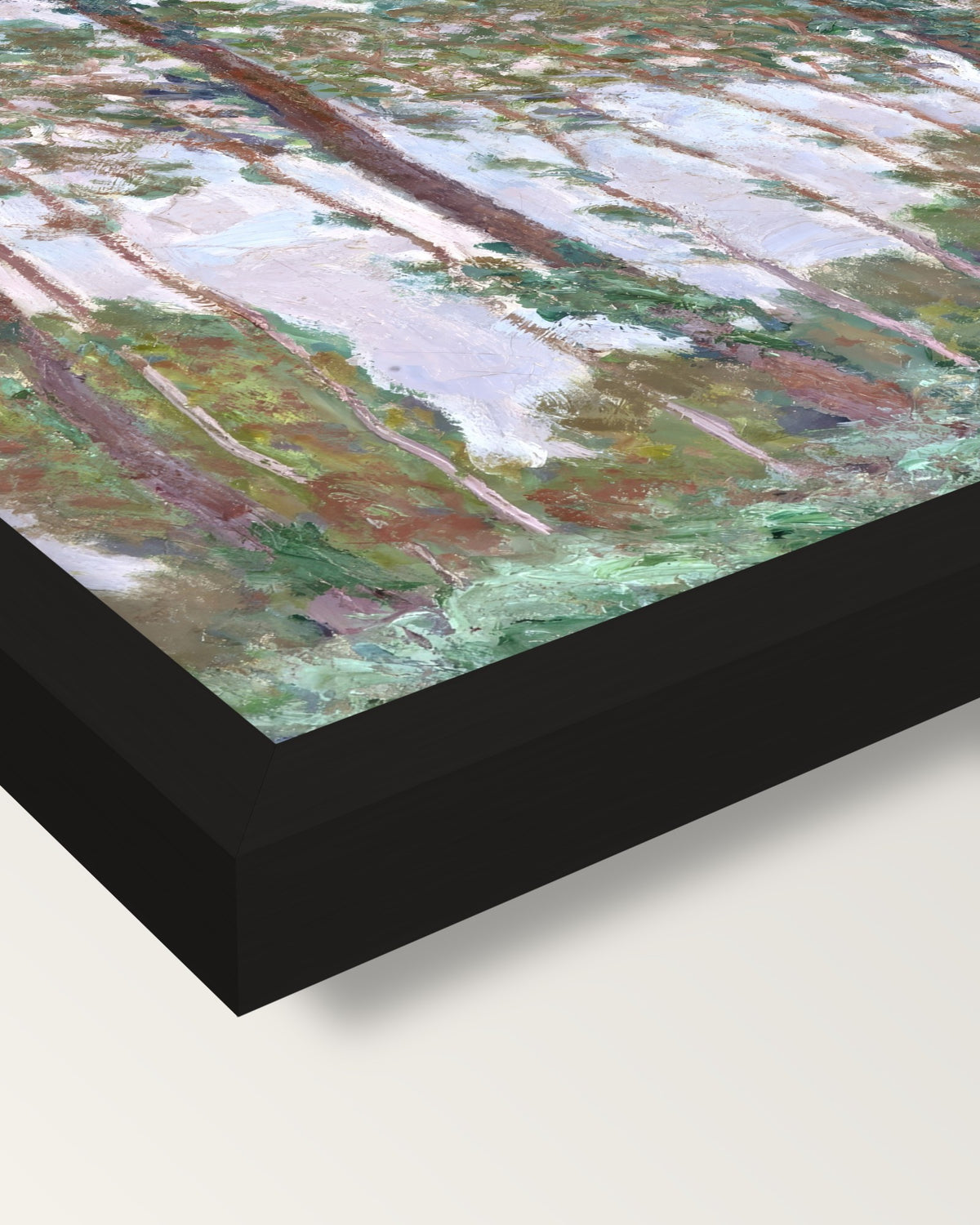 Wind Effect, Poplars by Claude Monet framed print, corner close-up: black moulding, mitred, the print set just below its edge
