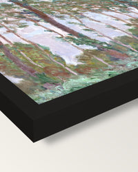 Wind Effect, Poplars by Claude Monet framed print, corner close-up: black moulding, mitred, the print set just below its edge
