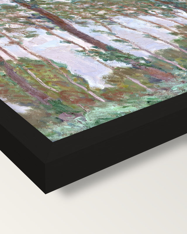 Wind Effect, Poplars by Claude Monet framed print, corner close-up: black moulding, mitred, the print set just below its edge
