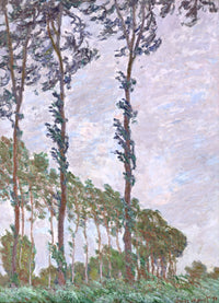Wind Effect, Series of The Poplars by Claude Monet: three tall thin poplars bending in the wind against a pale sky