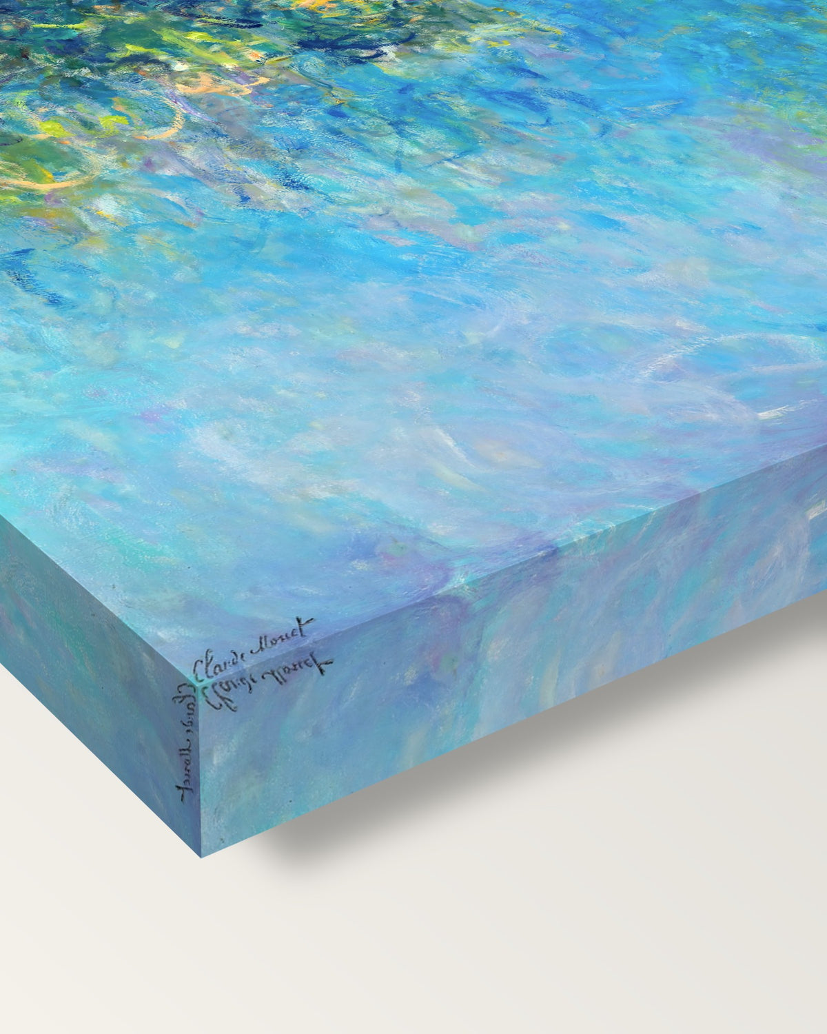 Wisteria by Claude Monet on stretched canvas, corner close-up: the painting mirror-wrapped round the sides
