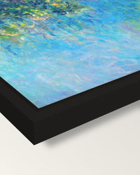 Wisteria by Claude Monet framed canvas, corner close-up: a black floating frame with a shadow gap round the canvas