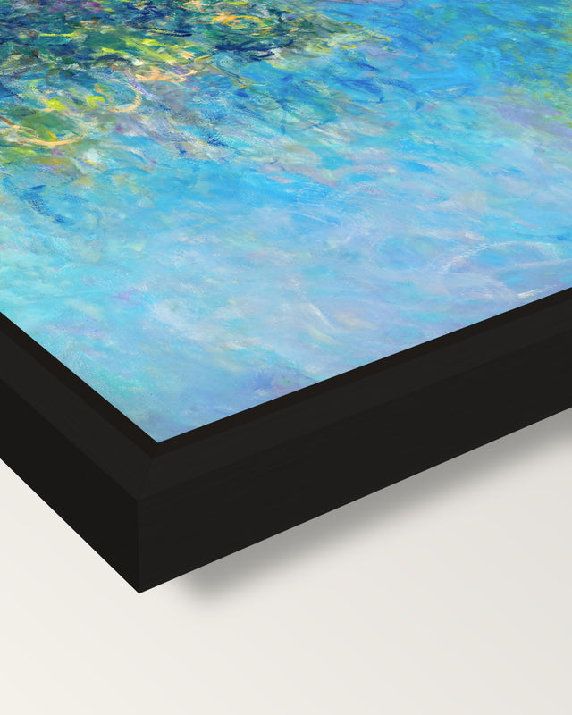 Wisteria by Claude Monet framed canvas, corner close-up: a black floating frame with a shadow gap round the canvas