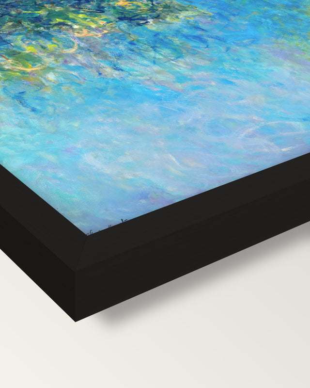 Wisteria by Claude Monet framed print, corner close-up: black moulding, mitred, the print set just below its edge