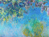 Wisteria by Claude Monet: hanging lilac and green wisteria blossoms across a deep blue background, loosely painted
