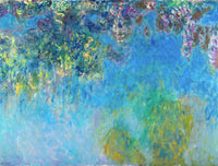 Wisteria by Claude Monet: hanging lilac and green wisteria blossoms across a deep blue background, loosely painted