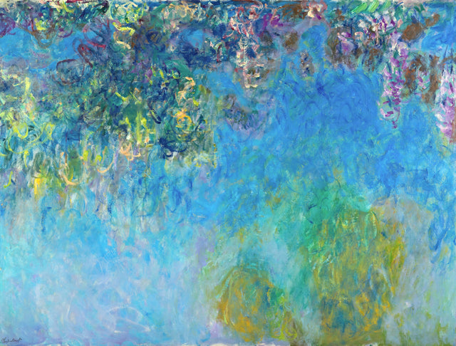 Wisteria by Claude Monet: hanging lilac and green wisteria blossoms across a deep blue background, loosely painted