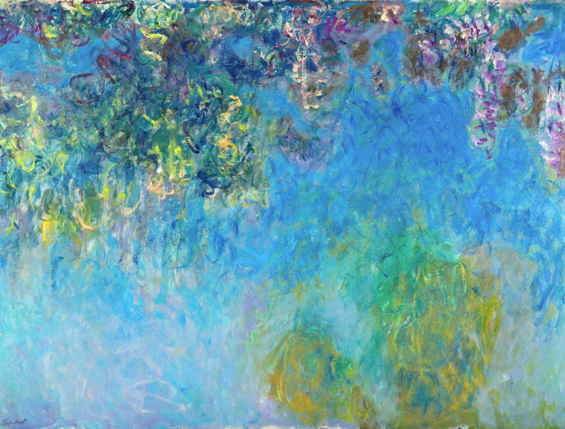 Wisteria by Claude Monet: hanging lilac and green wisteria blossoms across a deep blue background, loosely painted
