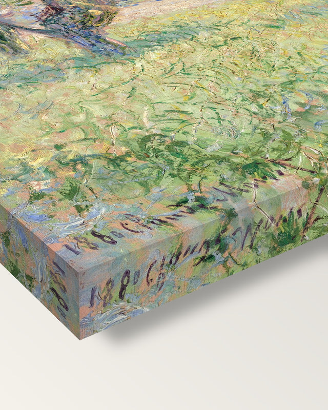 Woman under the Willows by Claude Monet on stretched canvas, corner close-up: the painting mirror-wrapped round the sides