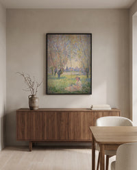 Woman under the Willows by Claude Monet in a black frame above a walnut sideboard in a dining room