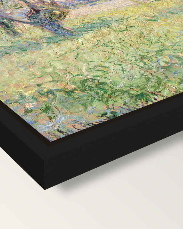 Woman under the Willows by Monet framed canvas, corner close-up: a black floating frame with a shadow gap round the canvas