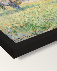Woman under the Willows by Monet framed print, corner close-up: black moulding, mitred, the print set just below its edge
