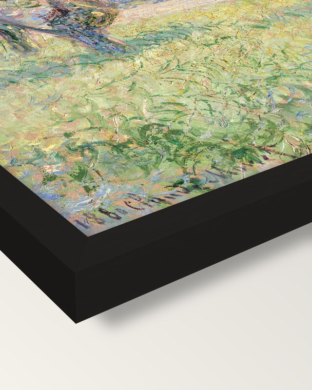 Woman under the Willows by Monet framed print, corner close-up: black moulding, mitred, the print set just below its edge