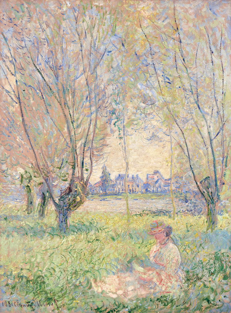 Woman Seated under the Willows by Claude Monet: a woman sitting in dappled shade beneath feathery willow trees