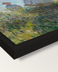 Woman with a Parasol by Monet framed canvas, corner close-up: a black floating frame with a shadow gap round the canvas