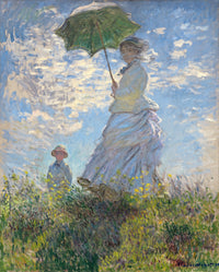 Woman with a Parasol by Claude Monet: a woman in white with a green parasol on a grassy hill, a small boy, blue summer sky