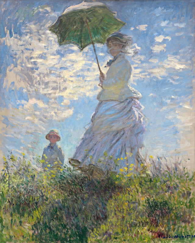 Woman with a Parasol by Claude Monet: a woman in white with a green parasol on a grassy hill, a small boy, blue summer sky