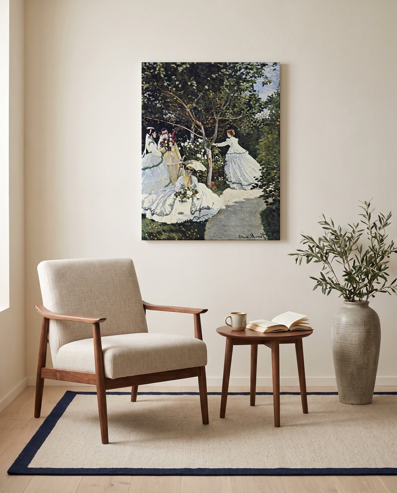Women in the Garden by Claude Monet as a stretched canvas above a linen lounge chair in a reading corner