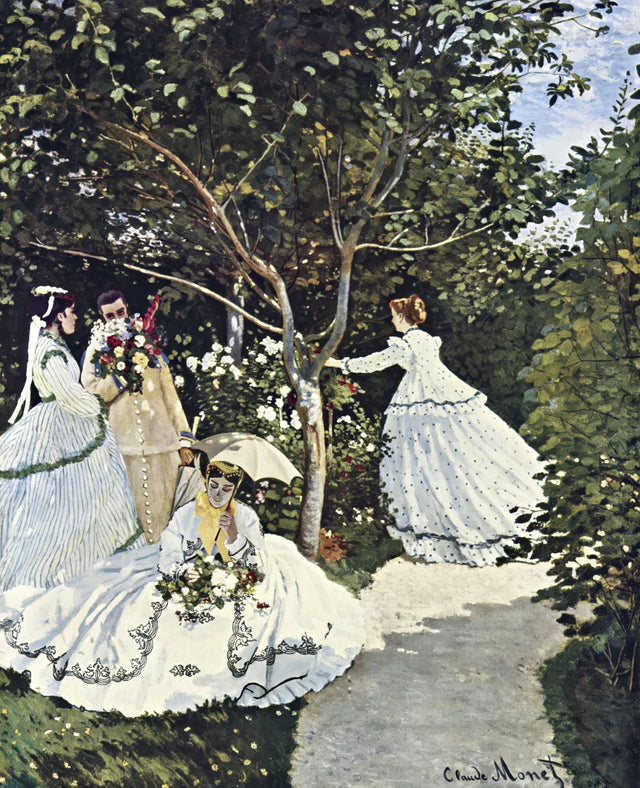 Women in the Garden by Claude Monet: women in long white and striped dresses among trees and flowers on a sunny garden path