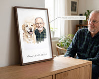 Framed watercolor memorial portrait of a man with his senior yellow labrador, standing on a sideboard