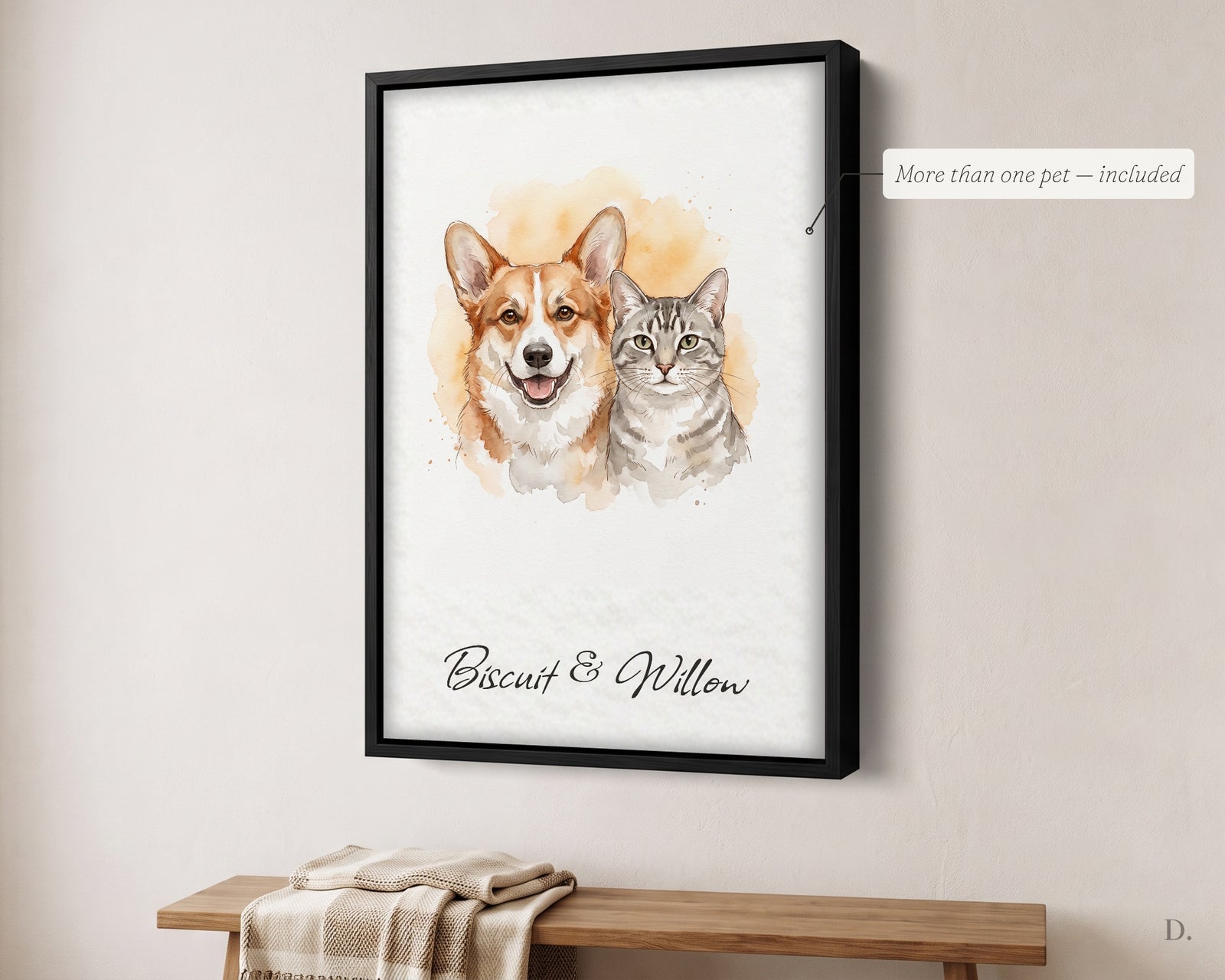 Two pets in one watercolor memorial portrait, a corgi and a grey tabby, in a black floating frame