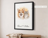 Two pets in one watercolor memorial portrait, a corgi and a grey tabby, in a black floating frame