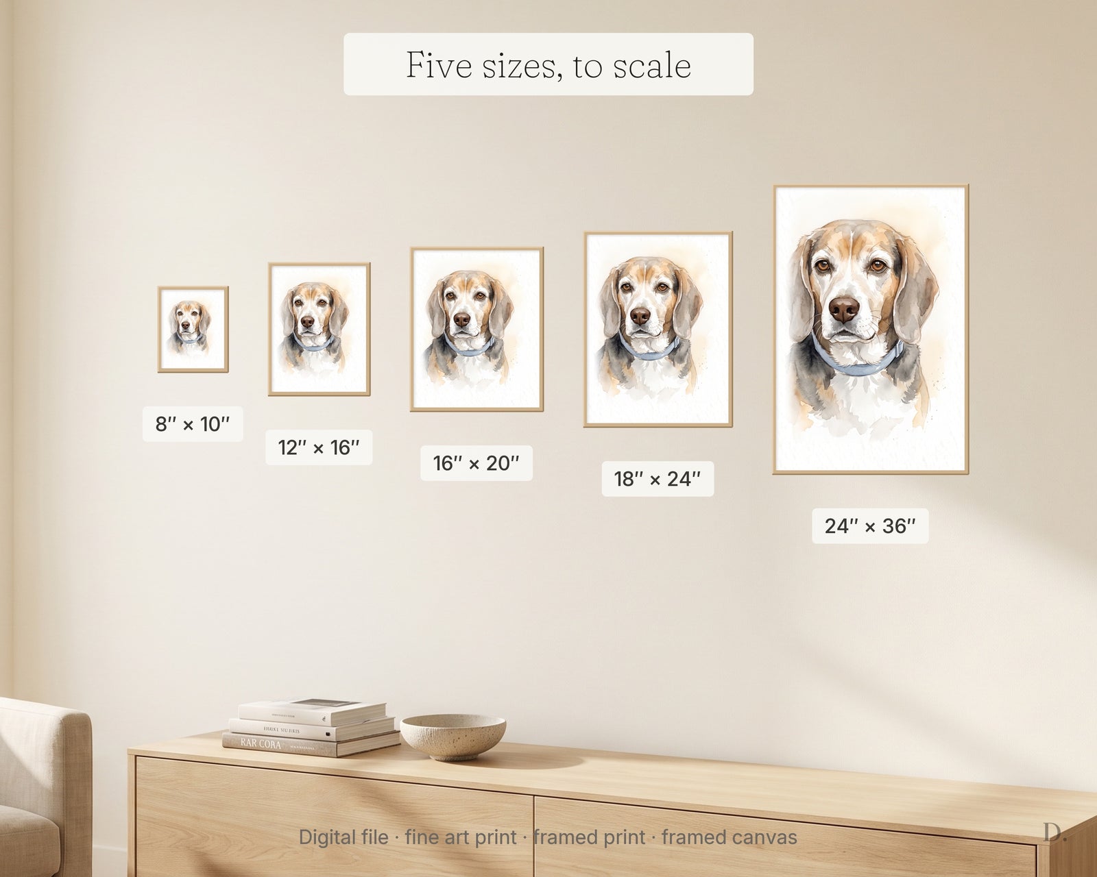 Five sizes of framed pet memorial portrait shown to scale on a wall, 8x10 through 24x36 inches